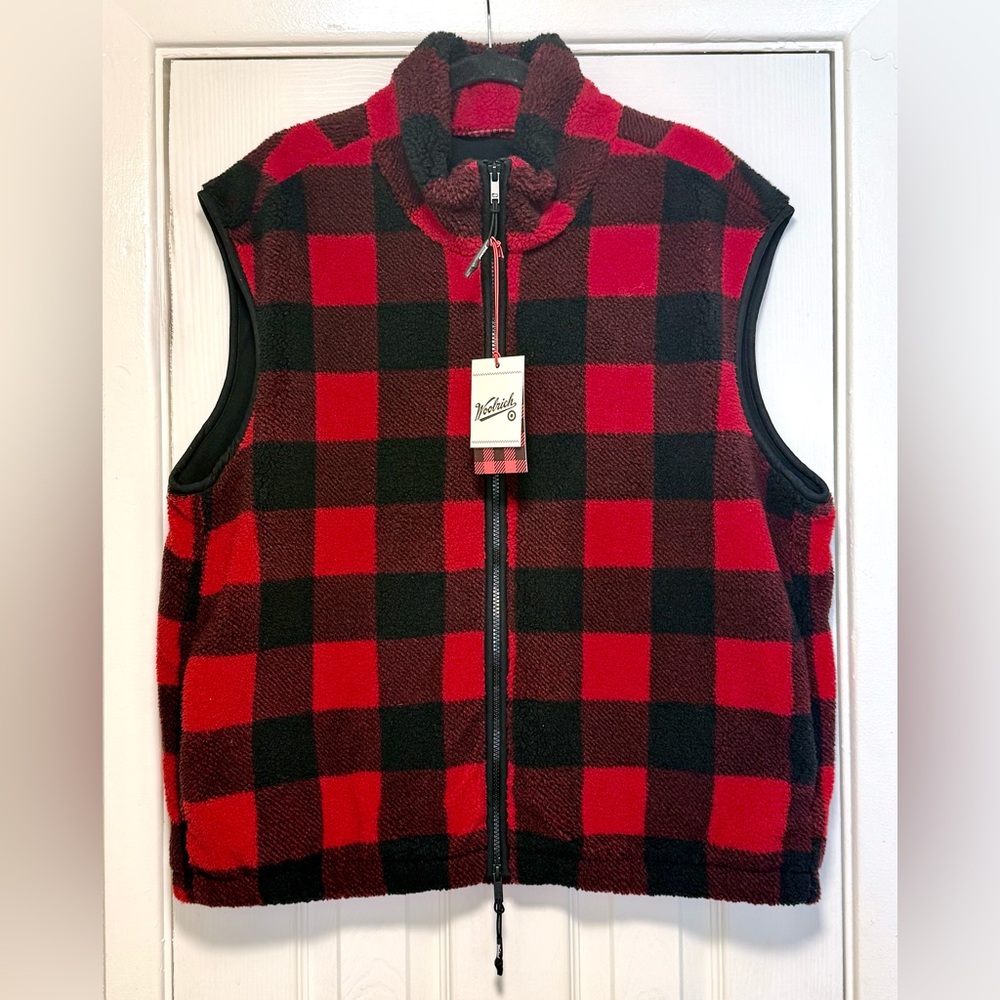 Woolrich Faux-Shearling Vest in Red and Black Plaid